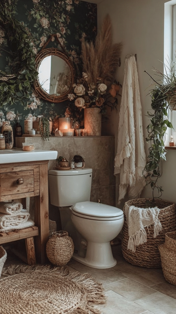 Cozy bohemian bathroom with floral wallpaper, wicker decor, and plants for a natural, relaxing atmosphere.