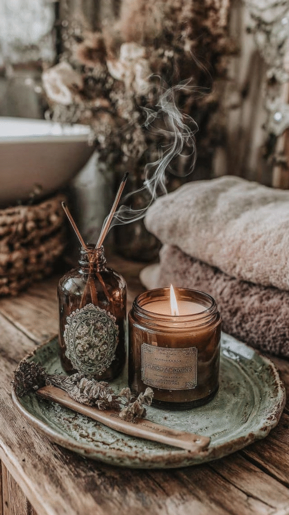 Scented candle with incense sticks on rustic plate, cozy home decor with soft towels in background.