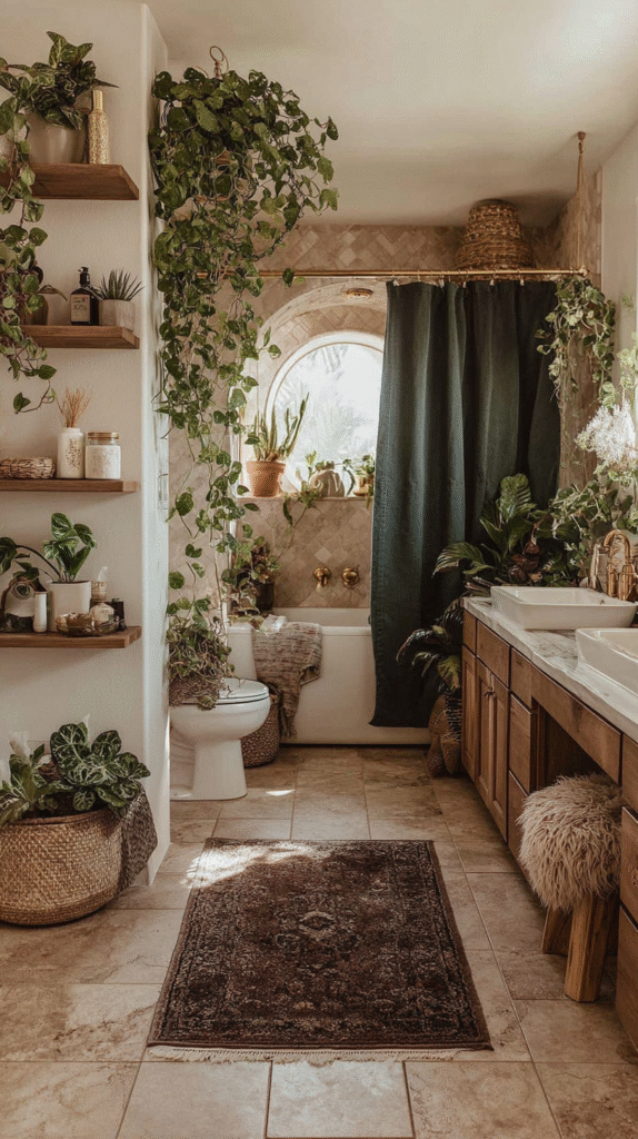 Bohemian bathroom with plants, wooden decor, and a bathtub. Cozy and natural interior design.