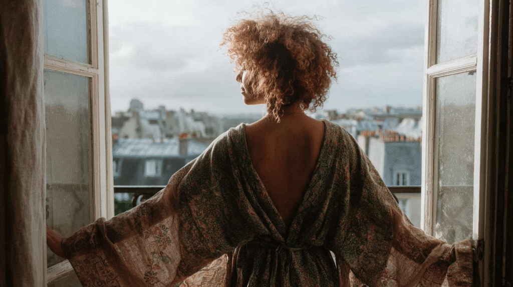 Person with curly hair in a patterned robe admires a cloudy cityscape through an open window.