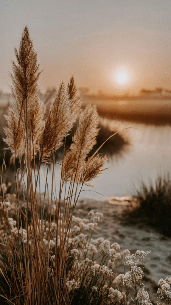 morning-routine-nature-dawn Sunset over tranquil lake with tall pampas grass, serene landscape photography, warm golden tones, peaceful nature scene.