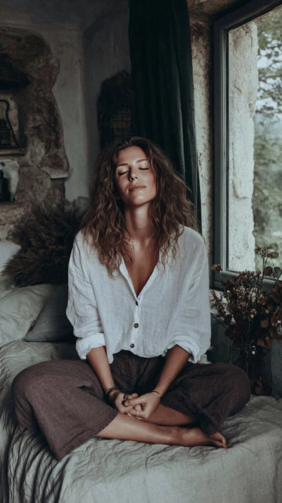morning-routine-nature-meditation Woman in white shirt meditating on a cozy bed by a large window, embracing relaxation and mindfulness in a rustic room.