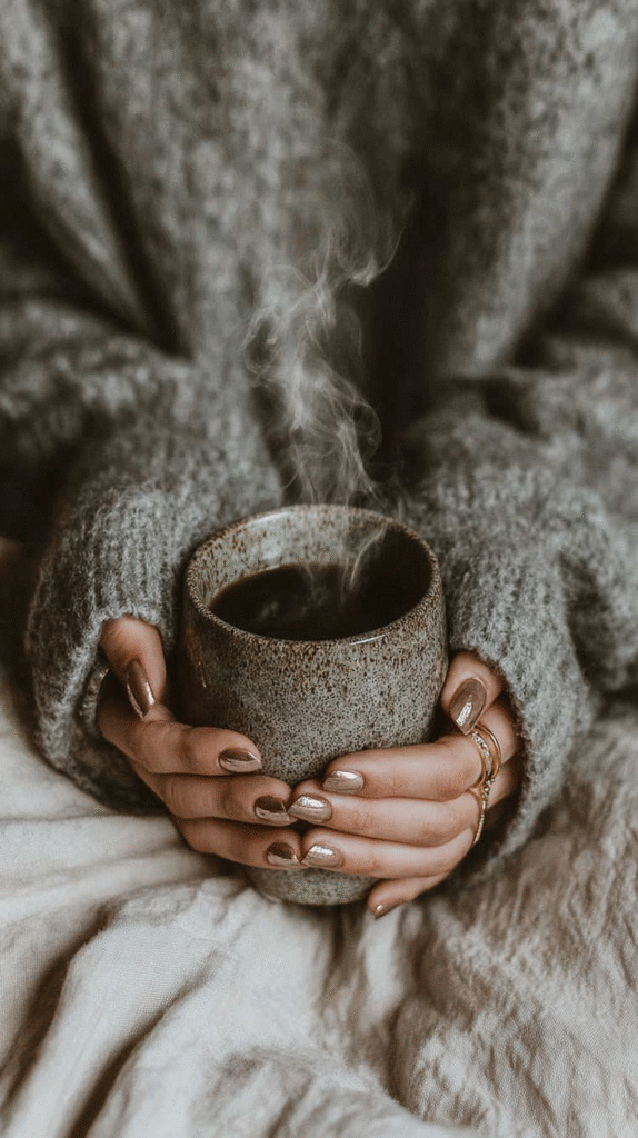morning-routine-nature-mug Cozy hands holding a steaming coffee mug in a gray sweater, ideal for comfort and warmth themes.
