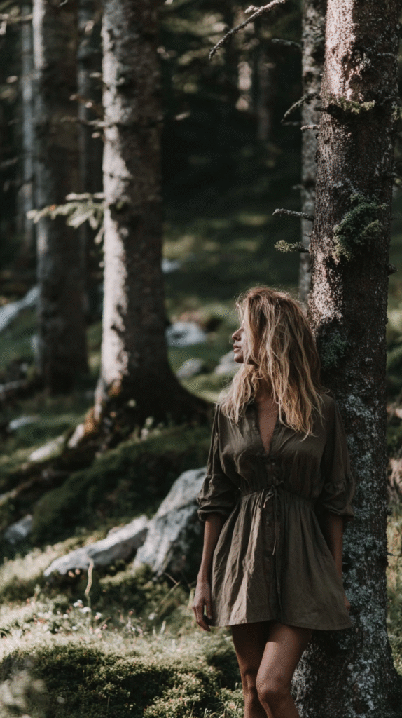 Woman in forest setting, leaning against a tree, wearing a green dress, in natural sunlight.