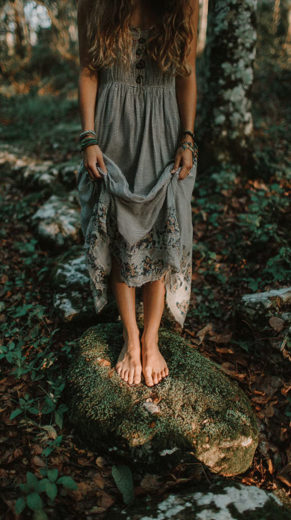 Barefoot woman in a forest standing on mossy rock, wearing a patterned dress and bracelets, embracing nature.