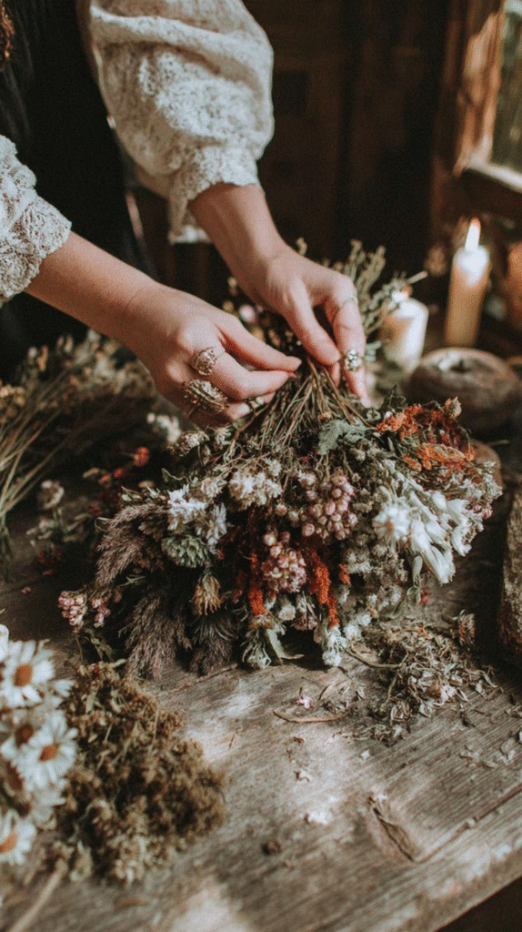 Hands arranging dried flowers on a rustic wooden table, creating an earthy floral bouquet in soft lighting.