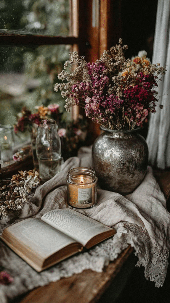 Cozy reading nook with open book, candle, and vase of dried flowers by a window. Rustic and serene atmosphere.