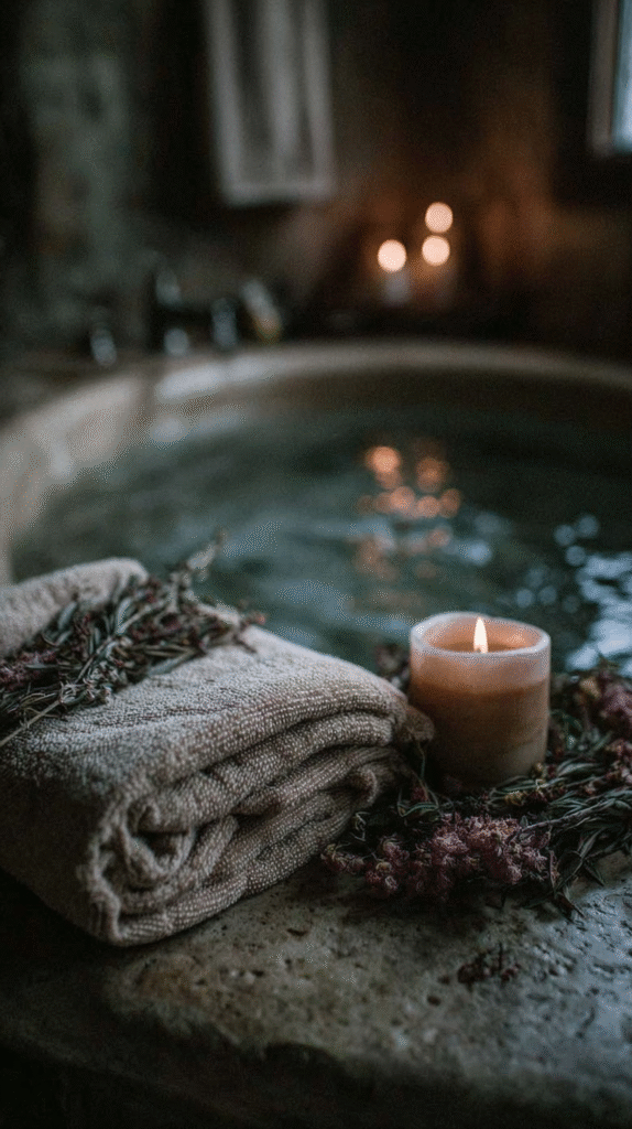 Cozy spa setup with folded towel, lit candle, dried flowers, and blurred bathtub in rustic ambiance.