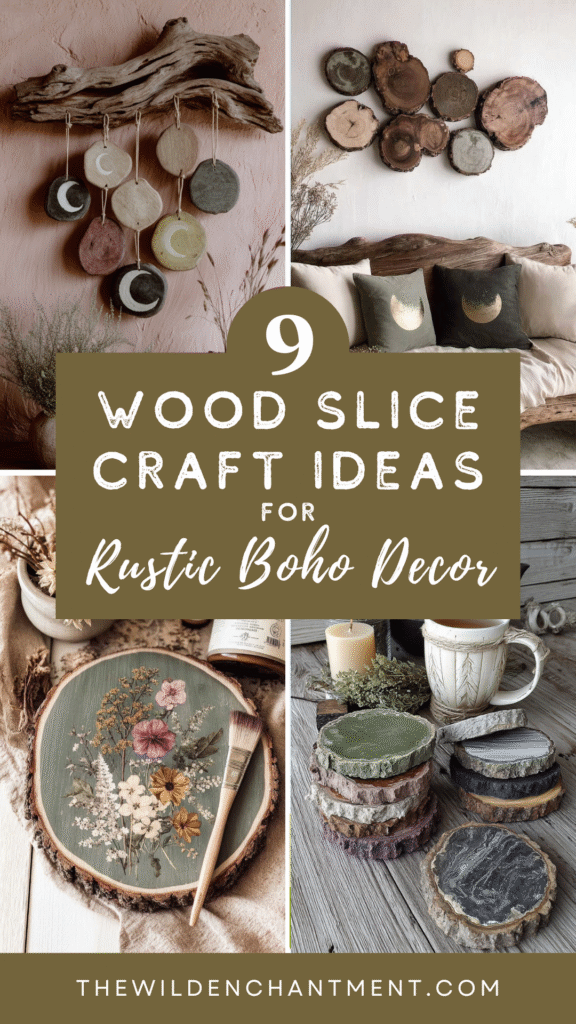 9 wood slice craft ideas for rustic boho home decor, featuring artistic decorations and natural textures.