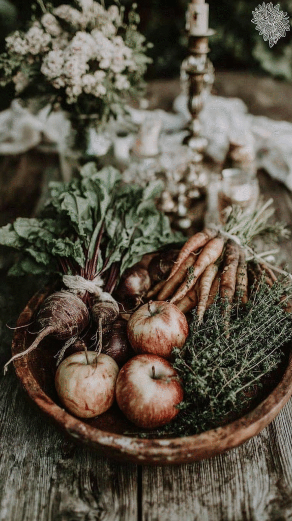 Rustic wooden bowl with fresh apples, carrots, beets, and herbs on an autumn-themed table setting.