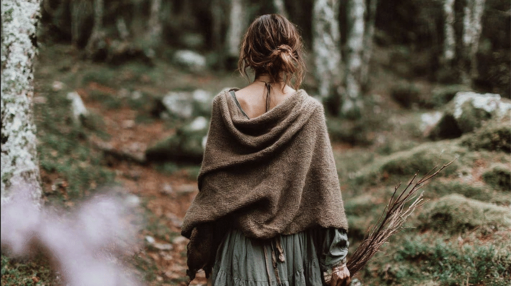 Woman in rustic attire walking through a serene forest path, holding twigs. Cozy, natural setting.