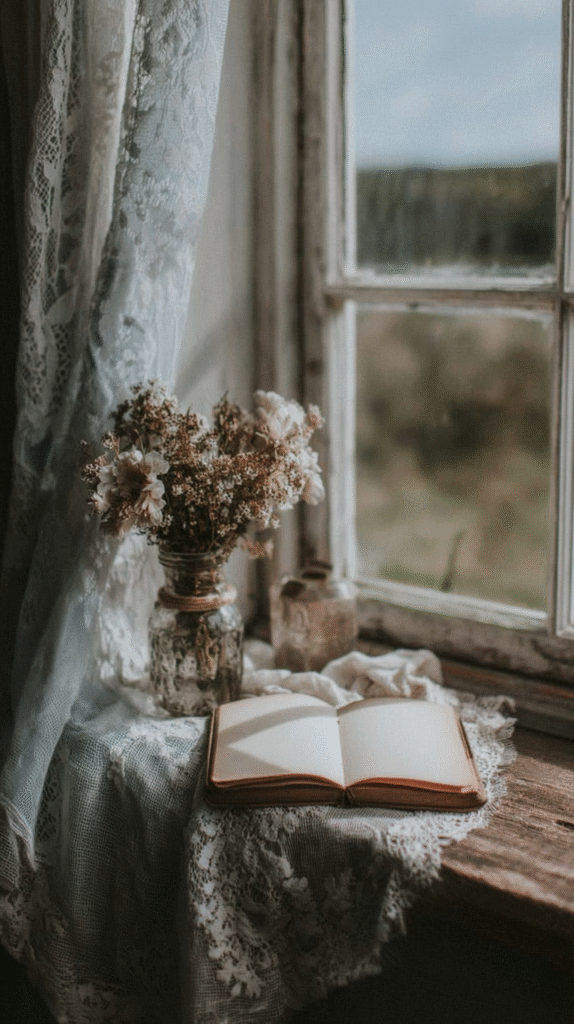 Open book and dried flowers on a lace-draped windowsill, enhancing a calm, vintage aesthetic with natural light.