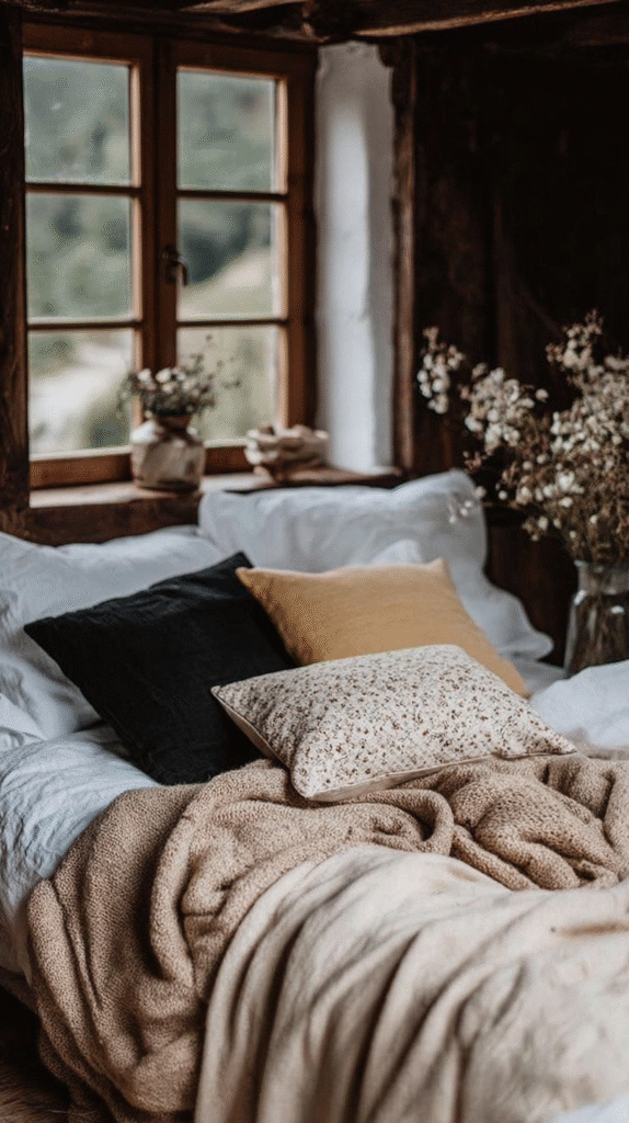 Cozy rustic bedroom with layered pillows, warm blankets, and a wooden window with plant decor and a scenic view.