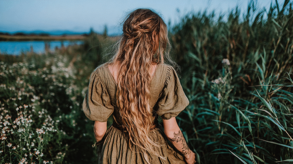 Woman with long hair in green dress walking through wildflowers near a lake.