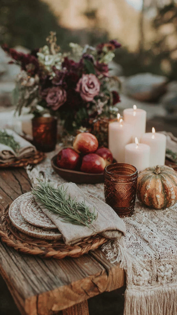 Rustic autumn table setting with candles, apples, flowers, and a pumpkin on a wooden surface adorned with lace.