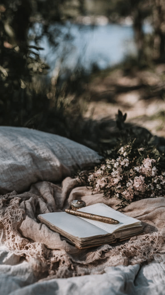 Open notebook with a pen, resting on fabric with flowers, outdoors by a serene lakeside setting.