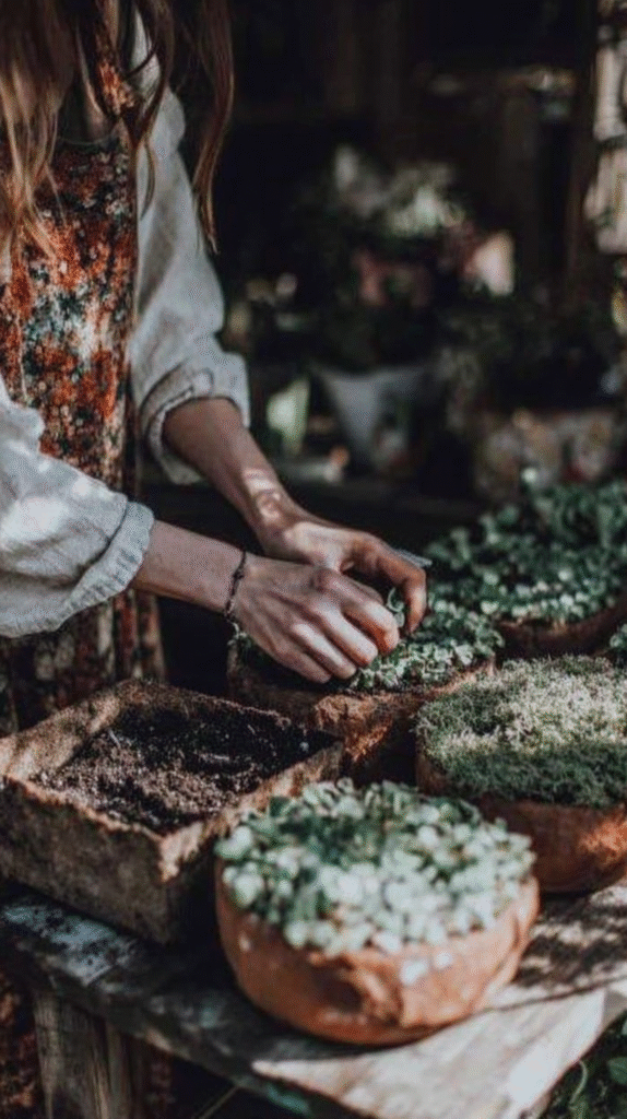 Person tending to small plants in rustic pots on a wooden table, wearing a floral apron.