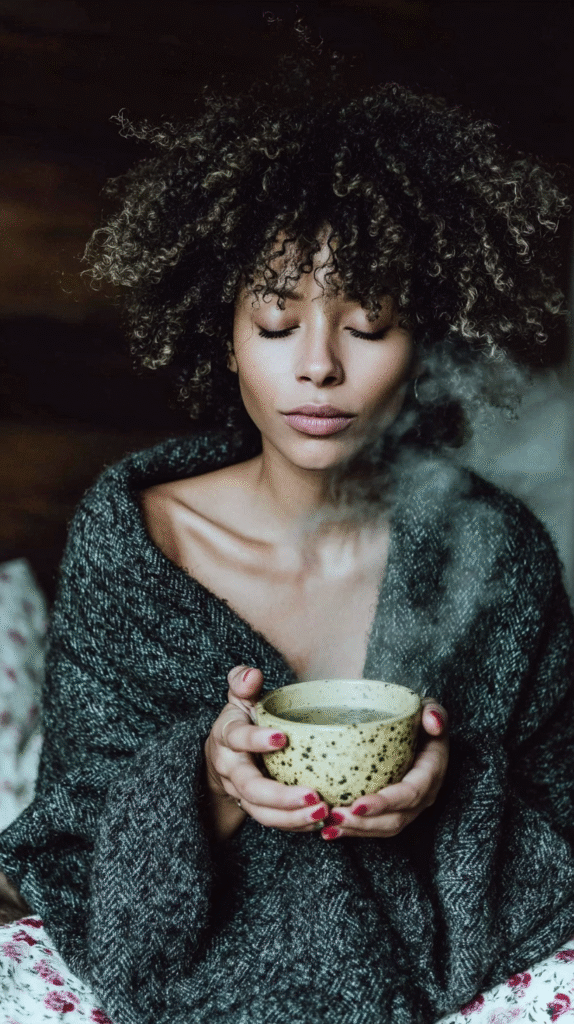 Cozy woman enjoying hot tea, wrapped in a warm sweater with eyes closed, savoring the moment.