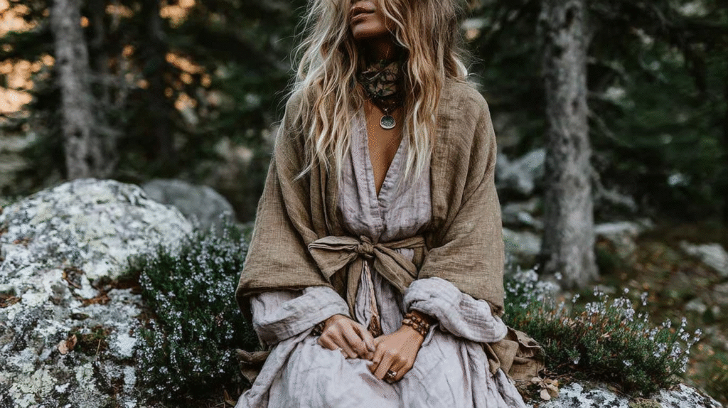 Bohemian style woman in earthy outfit sitting in a forest setting, surrounded by greenery and rocks.