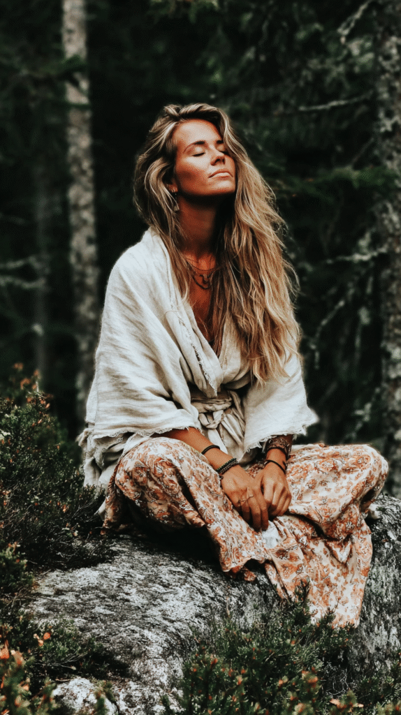 Woman in bohemian attire meditating on a rock in a serene forest setting, embracing nature.