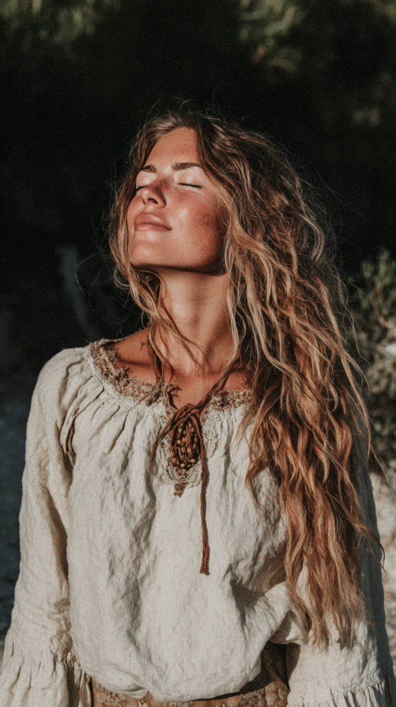 Woman with long hair enjoying sunlight, wearing a vintage peasant blouse in nature.