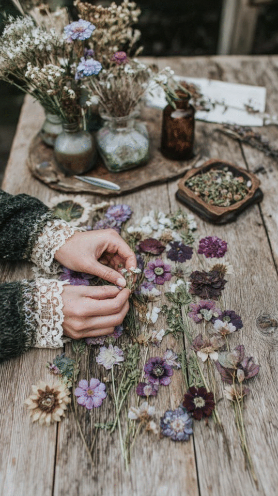 Hands arranging dried flowers on a rustic wooden table with various floral arrangements in jars.