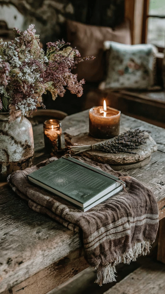 Cozy rustic scene with flowers, candles, and a journal on a wooden table. Warm, inviting atmosphere.