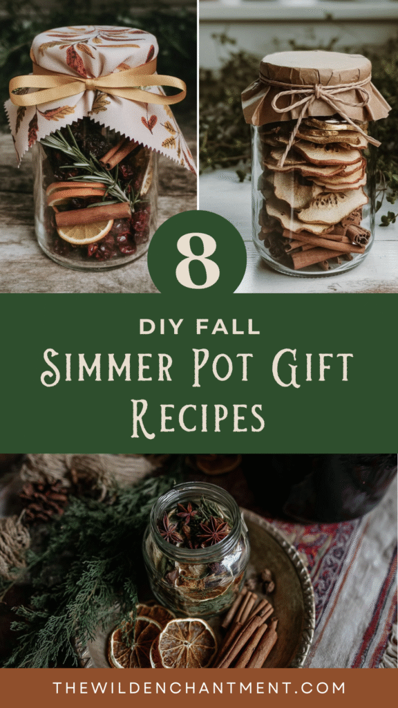 DIY fall simmer pot gift recipes with jars of spices and dried fruits for a cozy seasonal aroma.