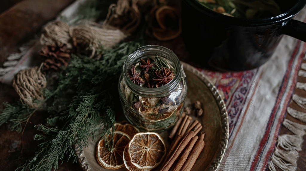 Jar with star anise, dried citrus, and cinnamon sticks on a decorative tray with greenery for a rustic holiday scent.