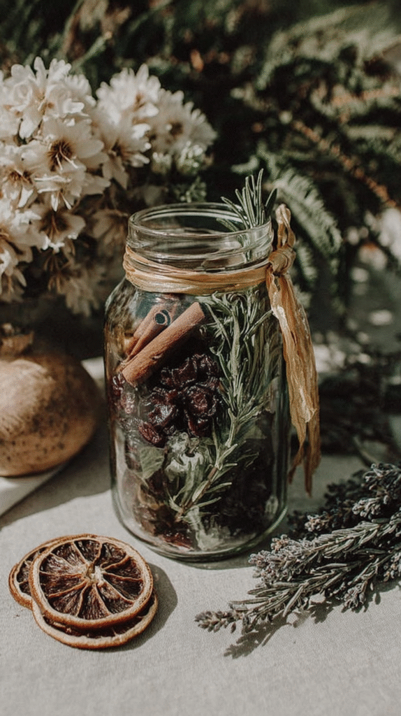 Glass jar with dried herbs, cinnamon, and flowers beside sliced citrus and lavender on a linen tablecloth.