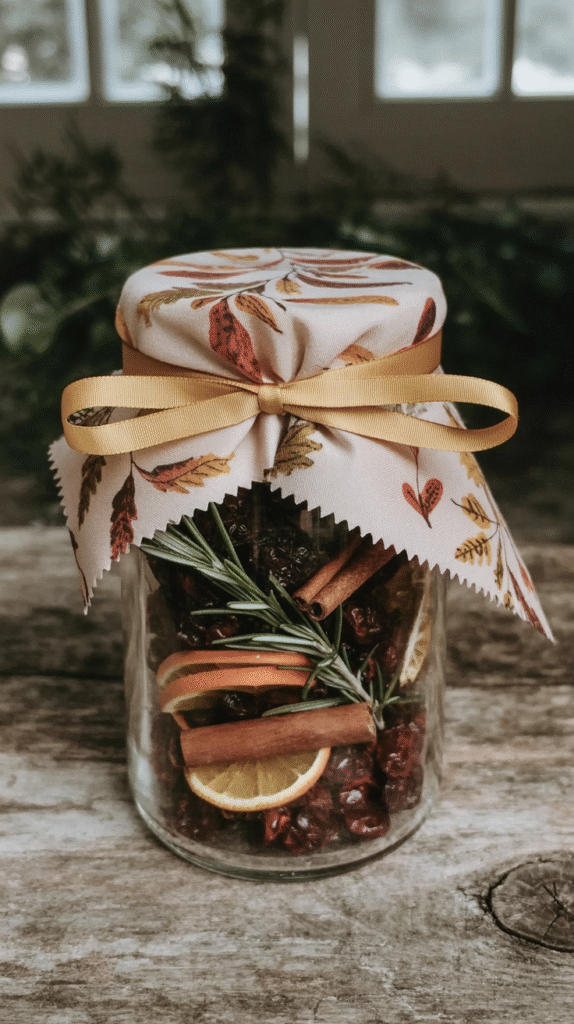 simmer-pot-gifts-cranberries2 Jar of dried fruits and spices with decorated lid and ribbon on rustic table, perfect for homemade gift idea.