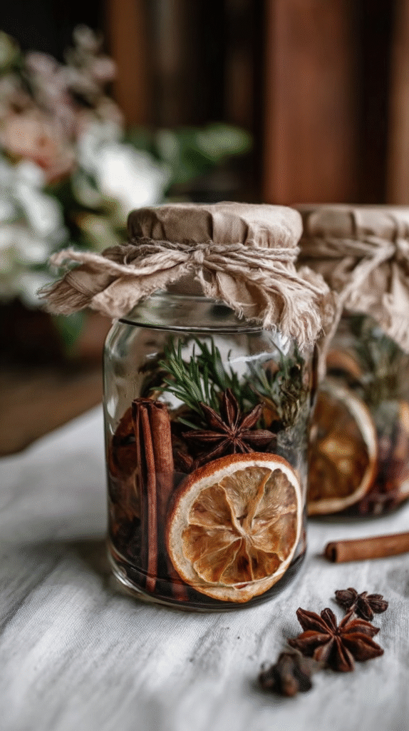 Rustic jar with dried citrus, cinnamon sticks, and star anise for aromatic home decor or potpourri display.