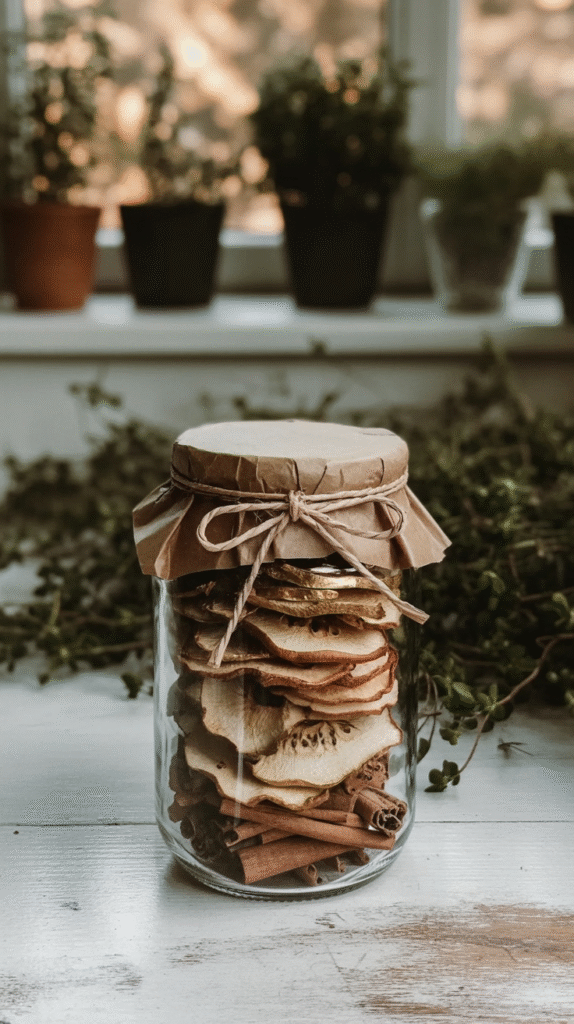 Jar of dried apple slices and cinnamon sticks on wooden table, rustic decor theme.