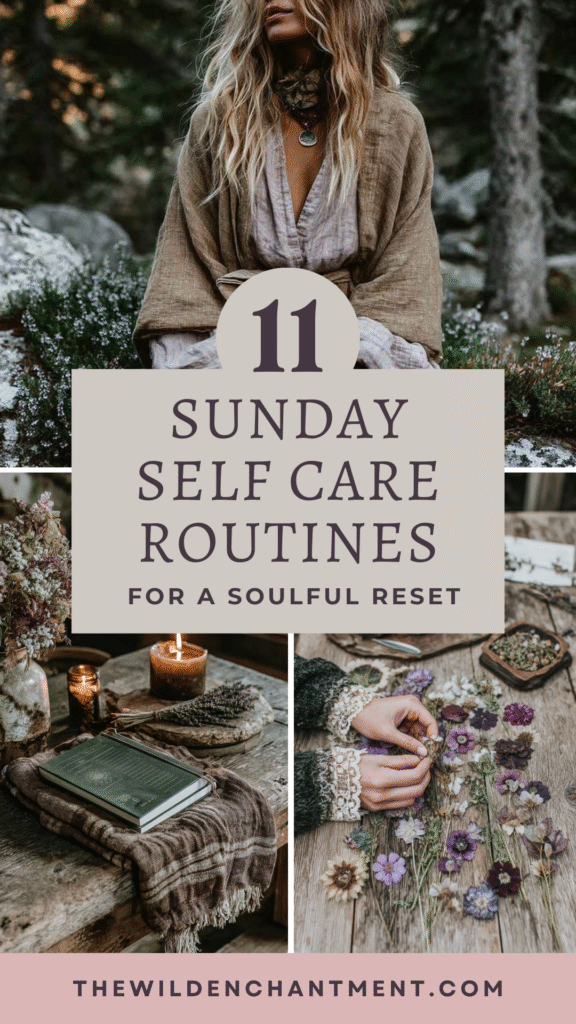 Woman in a forest practicing self-care with nature, candles, books, and dried flowers for a Sunday reset.