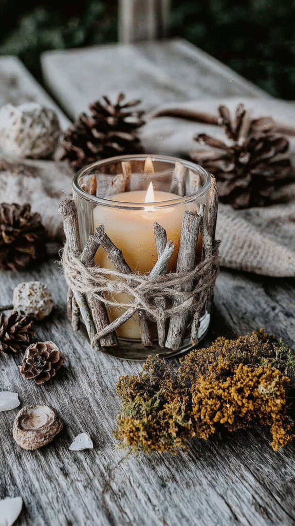 Rustic candle with wooden sticks and twine on a wooden table, surrounded by pine cones and natural decor. Cozy ambiance.