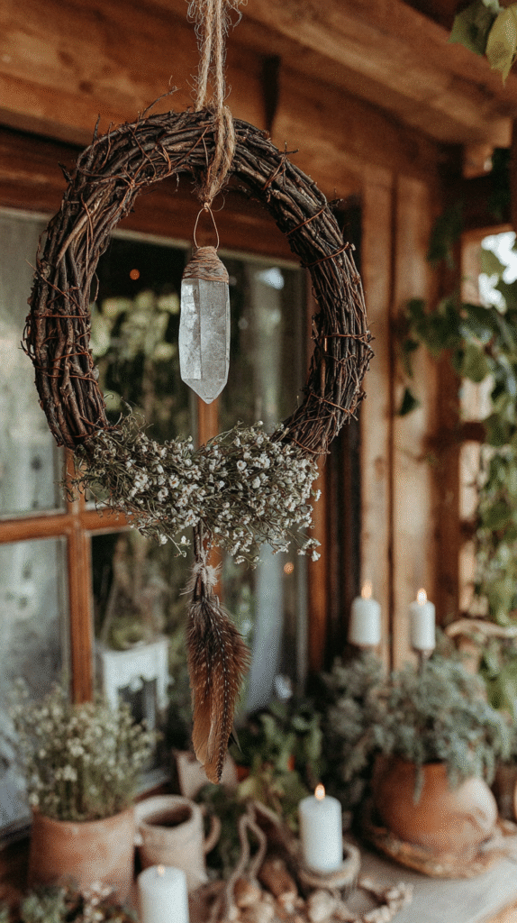 Rustic wreath with crystal, feather, and flowers on a wooden porch, surrounded by potted plants and lit candles.