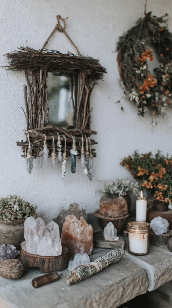 Rustic decor setup with crystals, candles, and a twig mirror on a stone surface for a calming ambiance.