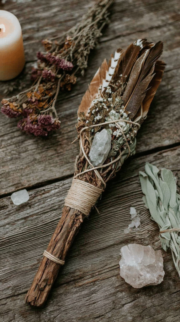 Dried herbs, feathers, and crystals on rustic wood with candle for spiritual rituals.