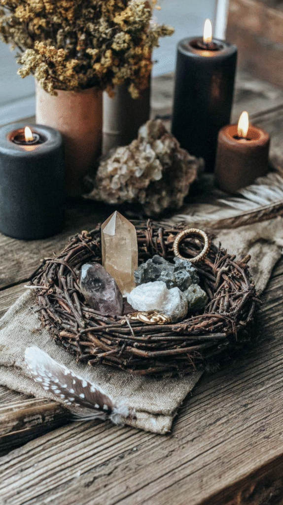Crystals and feathers in rustic wooden setup with candles and dried flowers, creating a mystical and calming ambiance.
