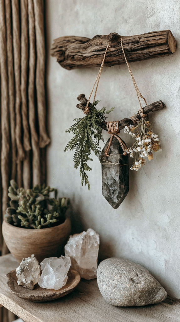 Rustic decor with crystals, greenery, and flowers hanging on a wooden shelf for a natural aesthetic.