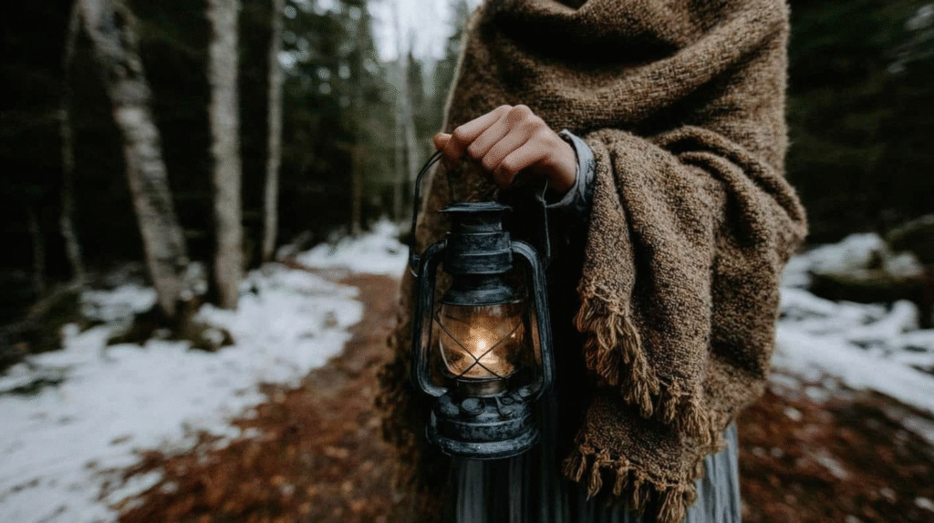 Person holding lantern in winter forest, wrapped in blanket, illuminating snowy path. Cozy and mysterious scene.