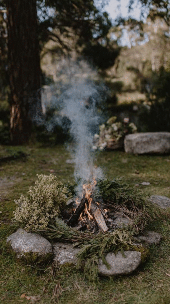 Campfire with smoke rising, surrounded by rocks and greenery in a forest setting.