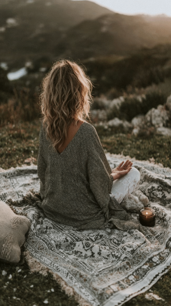 Woman meditating outdoors at sunset on a patterned blanket, surrounded by nature and a lit candle.