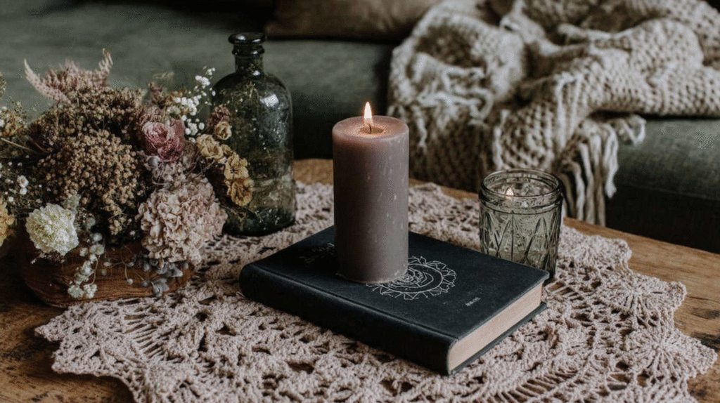 Cozy scene with a lit candle on a book, surrounded by dried flowers and a knitted blanket on a wooden table.