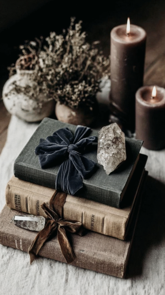 Vintage books with velvet ribbons and crystals beside lit candles on a rustic table setting.