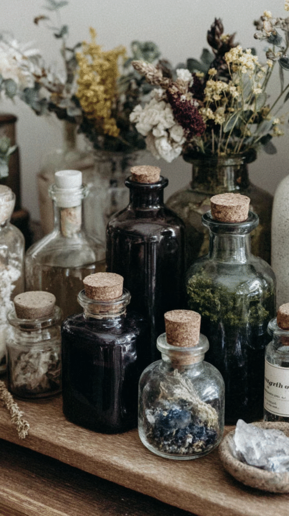 Vintage glass bottles with cork stoppers and dried flowers on a wooden surface, creating an apothecary aesthetic.