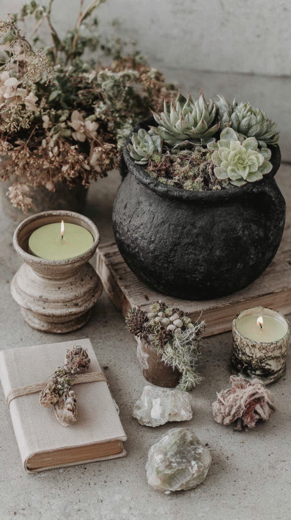 Rustic decor with succulents, candles, crystals, and a wrapped book on a stone surface, creating a cozy ambiance.