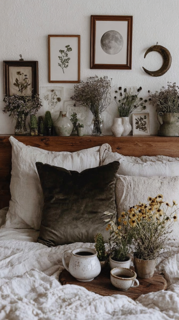 Cozy bedroom with rustic decor: framed art, plants, pottery, and a comfy bed with pillows and coffee.