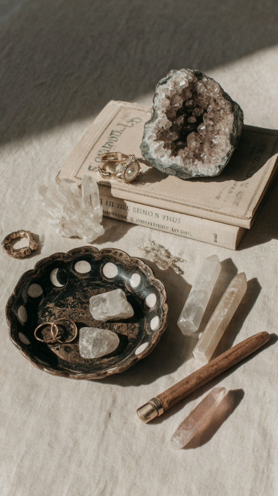 Decorative crystals and jewelry on books, creating a serene and stylish still life on a sunlit table.