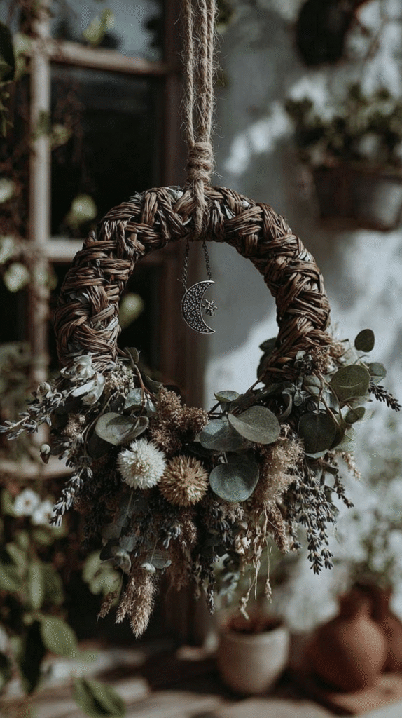 Hanging rustic wreath with dried flowers and a crescent moon charm, capturing a cozy, natural ambiance.